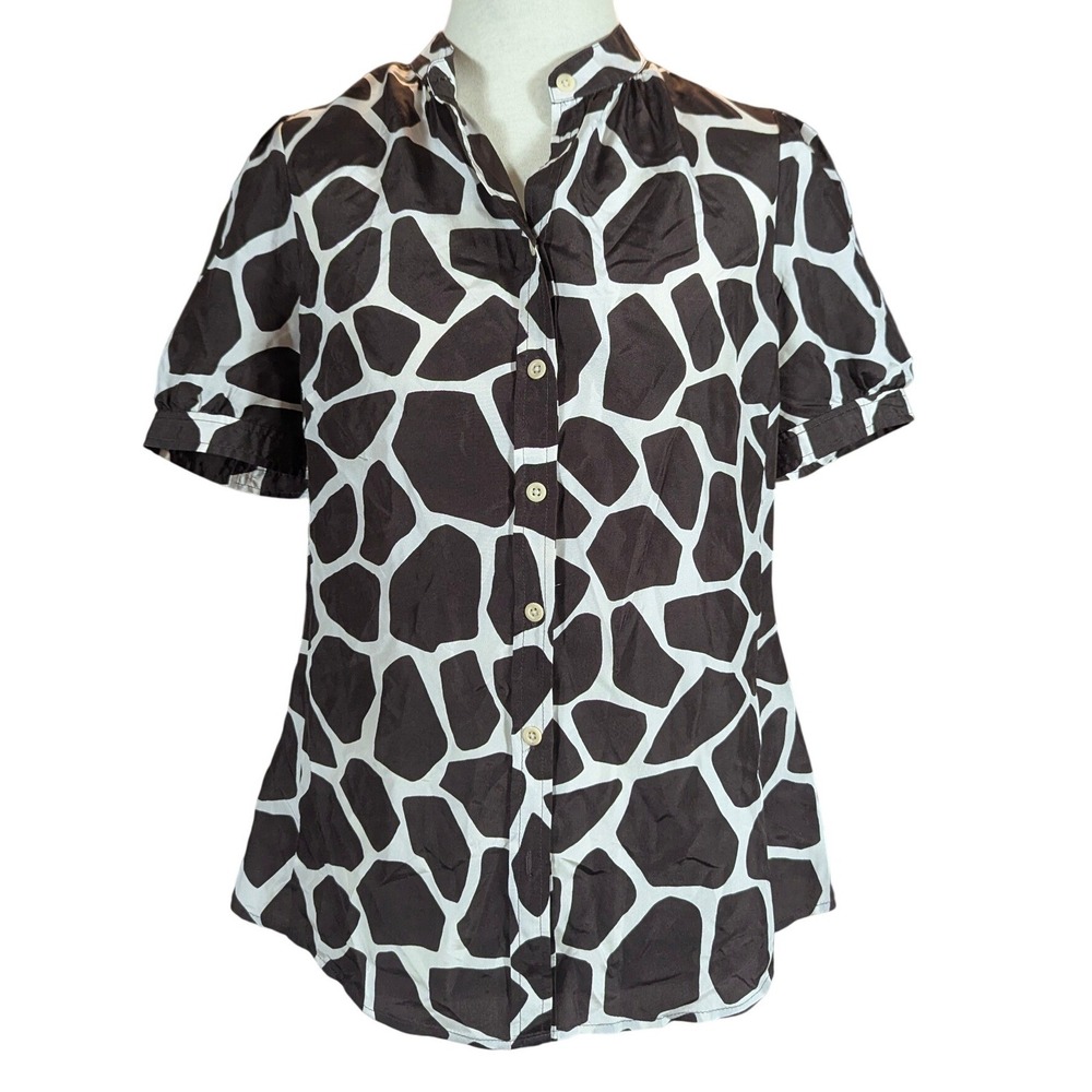 Banana Republic Womens M Brown White Giraffe‎ Print 100% Silk Button Up Blouse